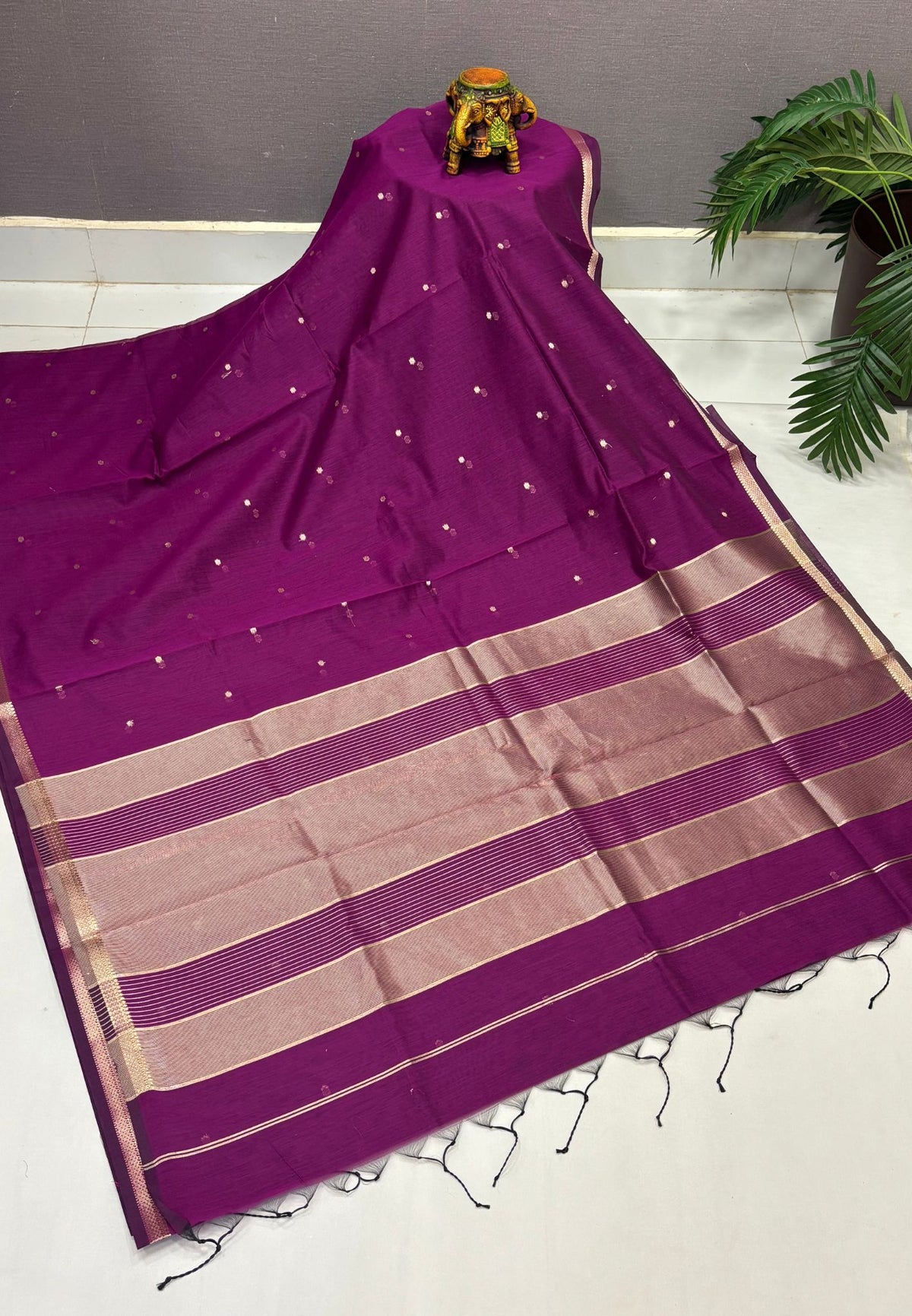 Semi Maheswari Saree-Purple In Double Line Zari Stripe Border