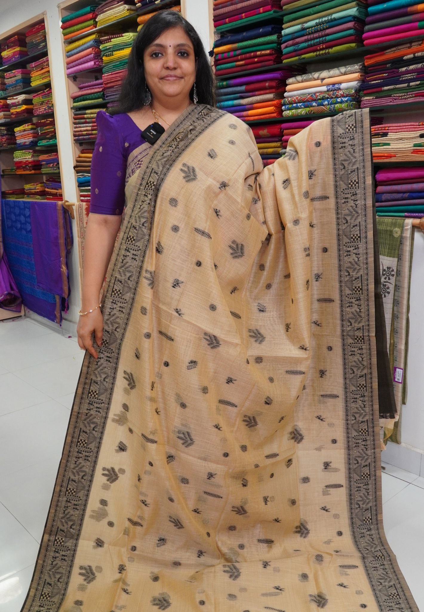 Moonga Cotton Saree Warli Pattern-Beige