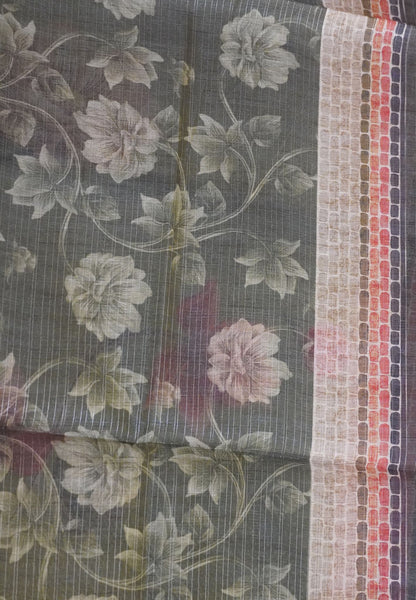 Bhagalpur Tussar  - Floral Pattern Dark Green