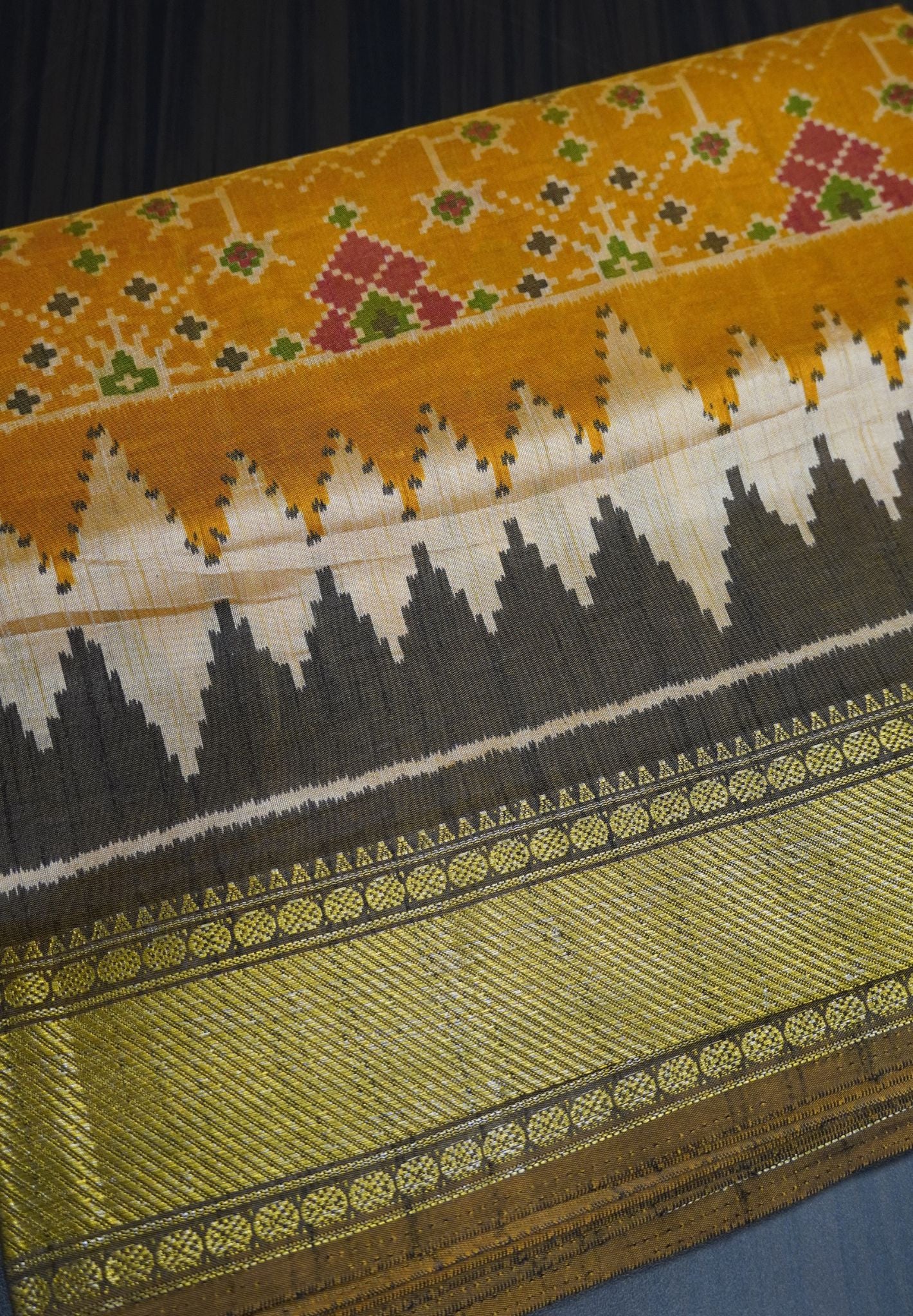Semi Patola Saree Floral Ikkat Pattern-Mustard