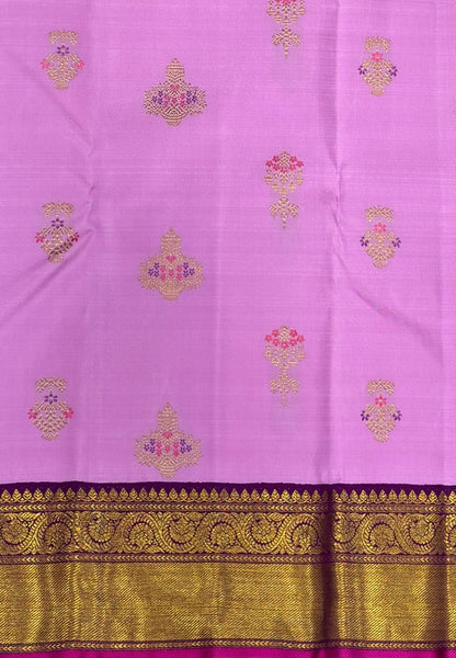 Pure Kanchipuram Silk-Lotus Pink in Paisley Butta Zari with Contrast Border