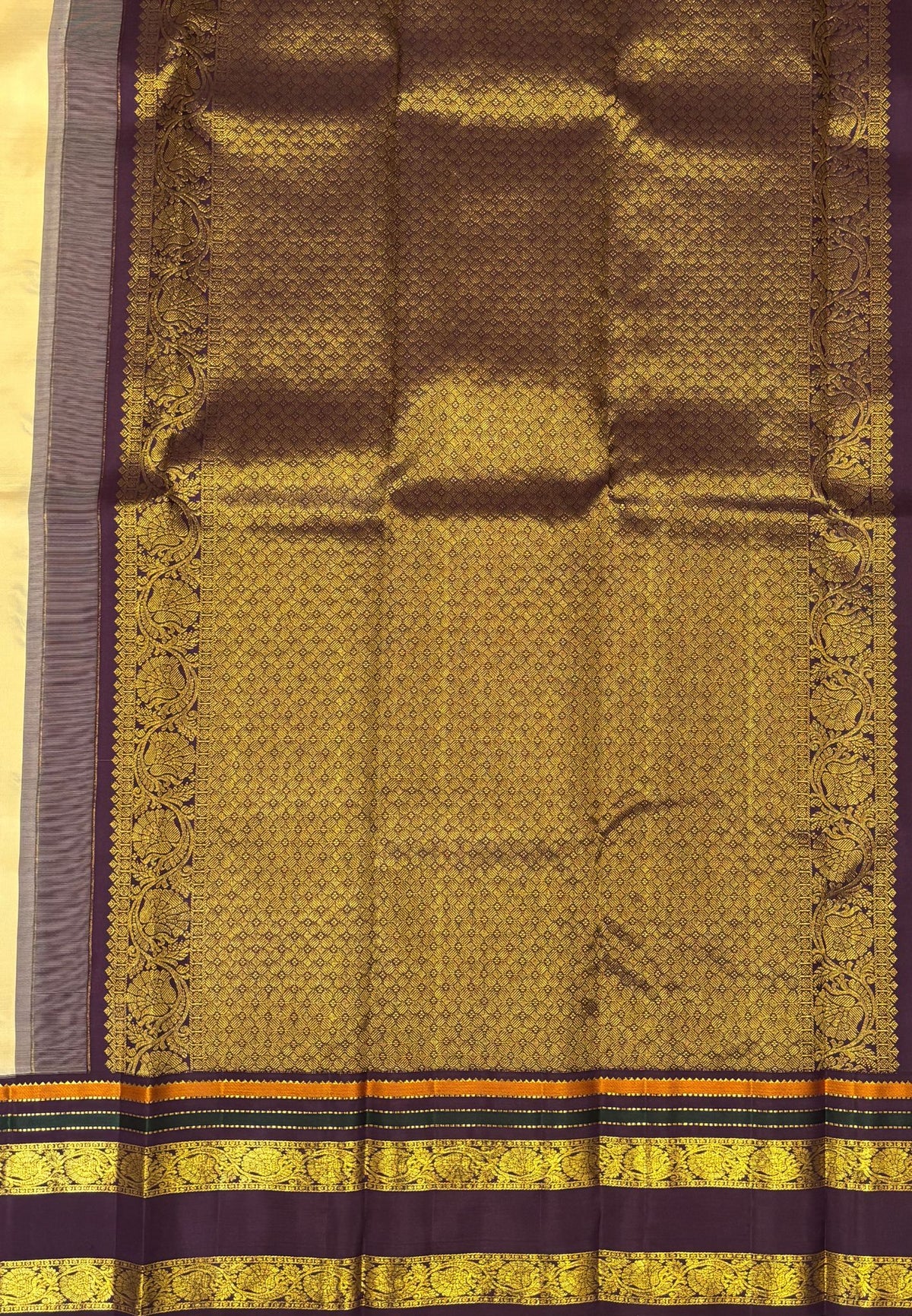 Pure Kanchipuram Silk Saree-Sandal in Floral Brocade Zari with Contrast Border