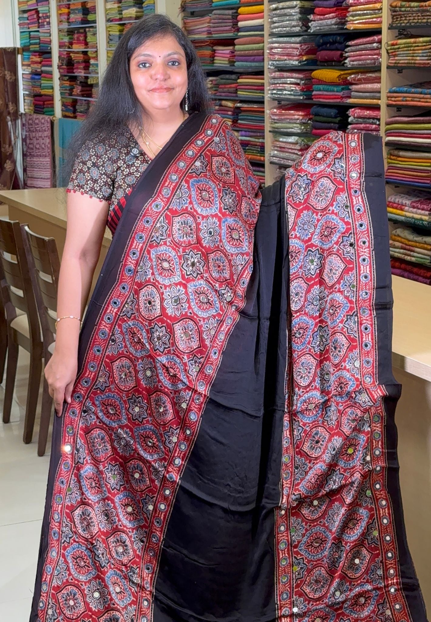 Pure Modal Silk Saree-Original Mirror Work &Traditional Printed Motifs - Black with maroon