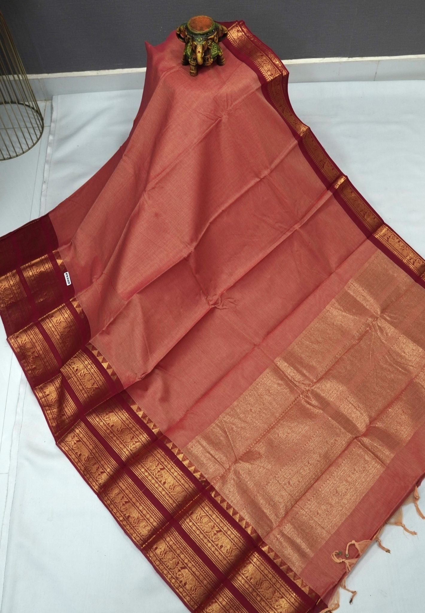 Chettinadu Cotton Saree-Pinkish Orange with Double Border