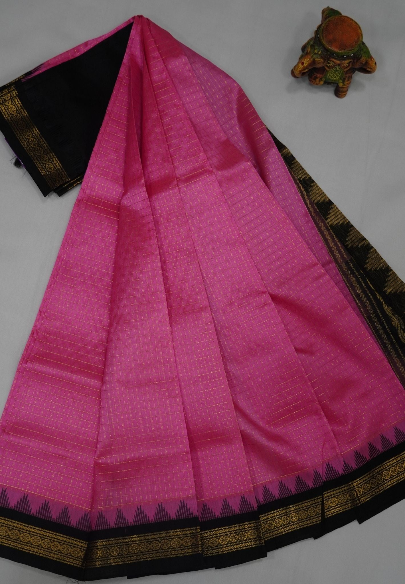 Pure Silk Cotton Saree-Baby Pink in Golden Zari Checks with Contrast Border