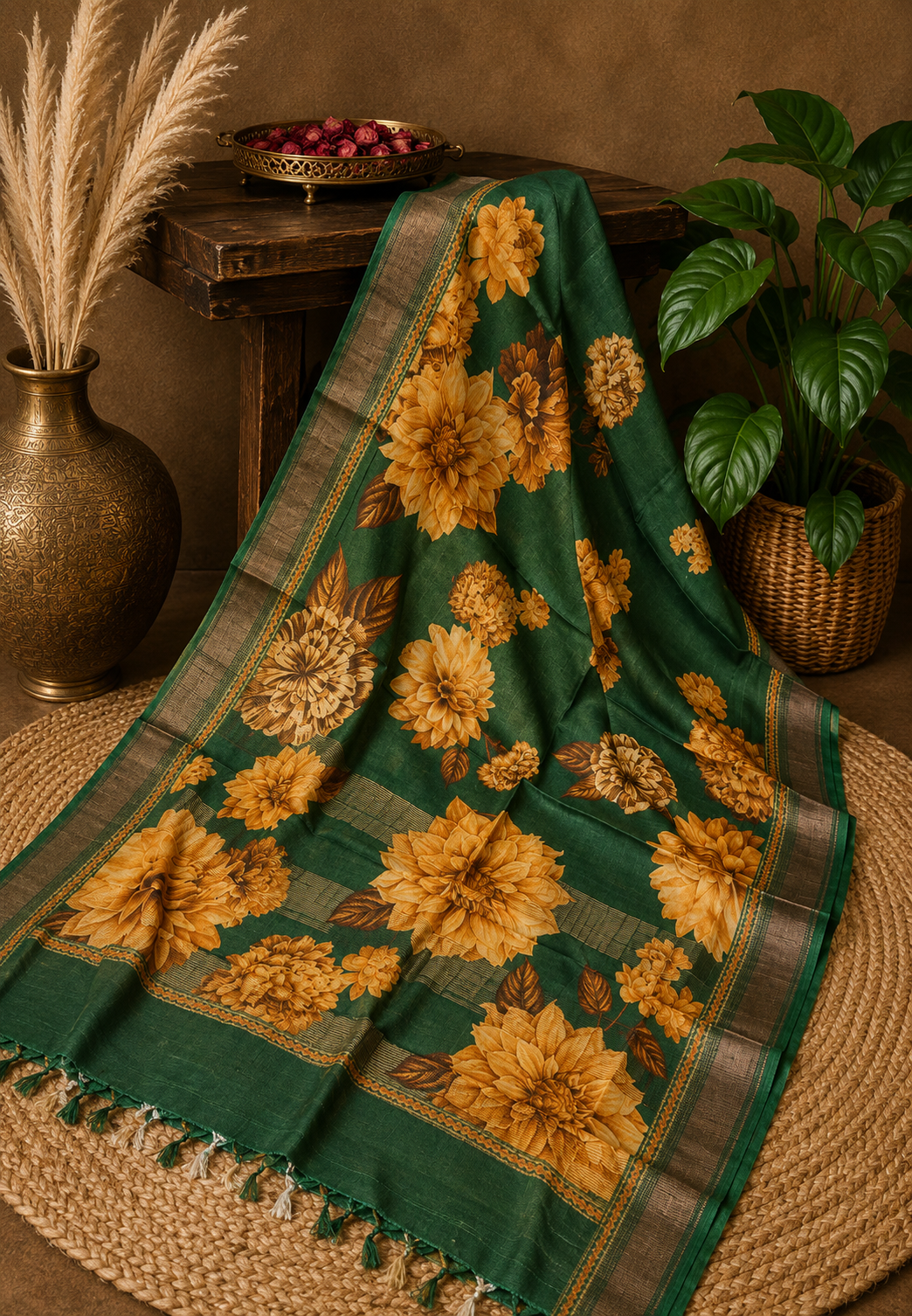 Desi Tussar Silk Saree- Green Floral Pattern