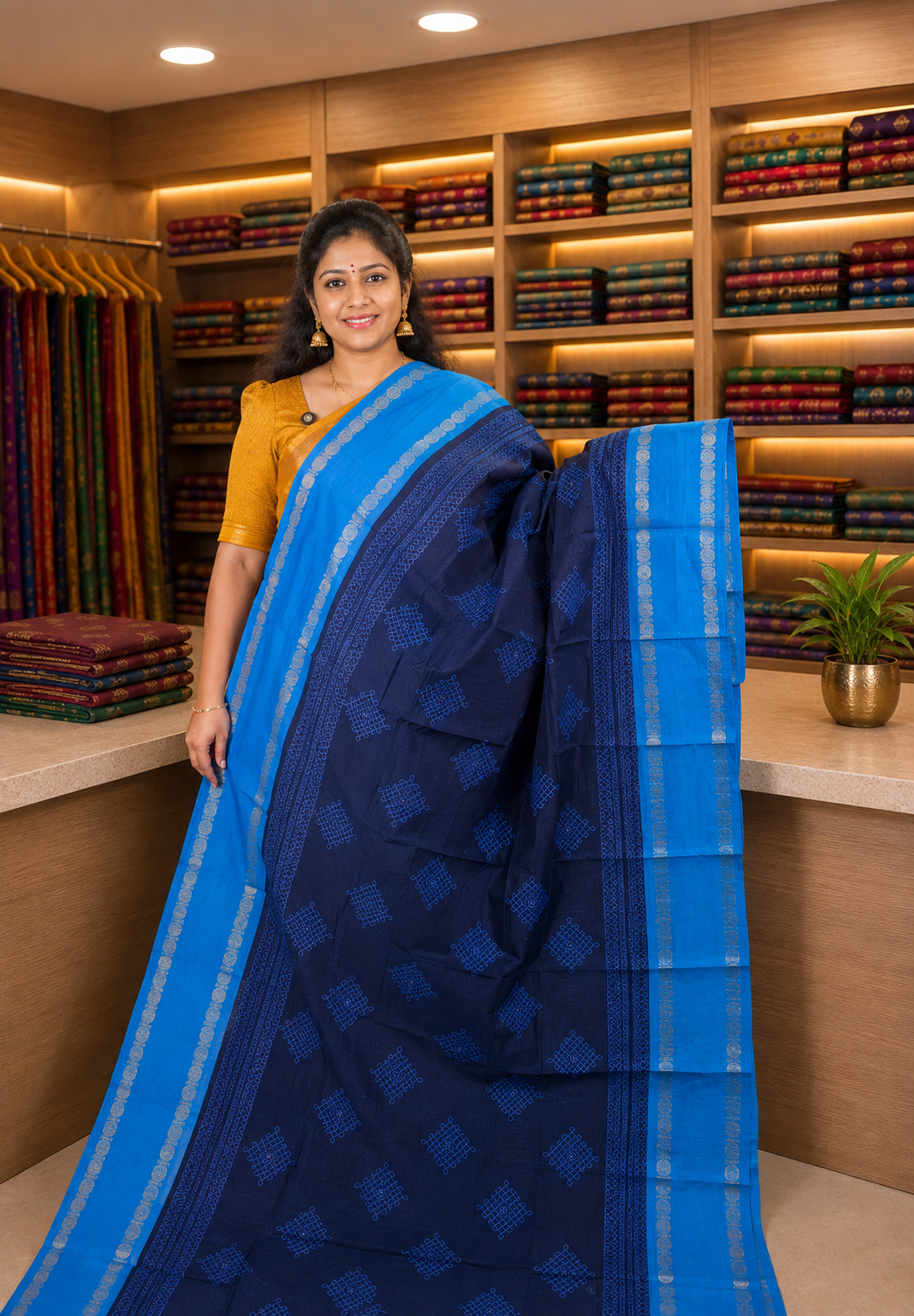 Sungudi Cotton Saree-Navy Blue with Contrast Retapet Border in Kolam Pattern