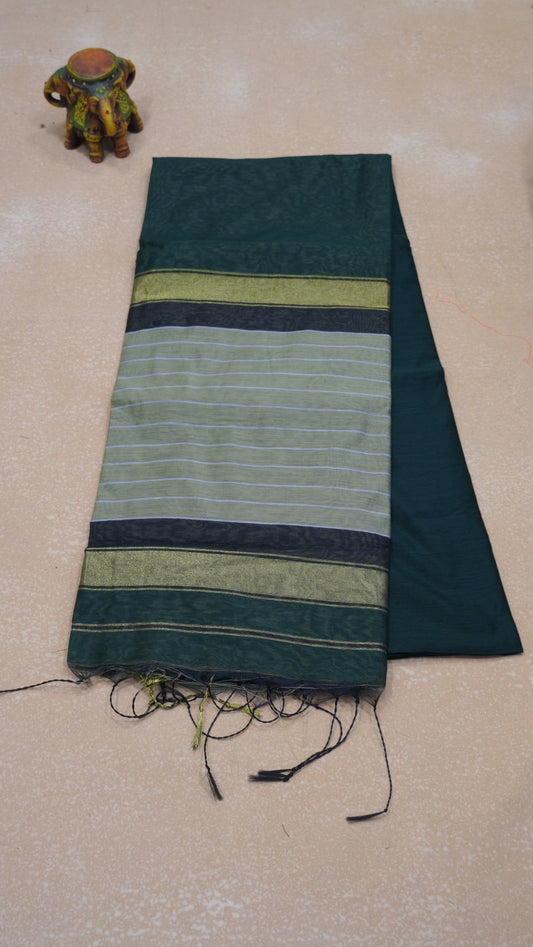 Maheswari Cotton Saree Plain-Bottle Green