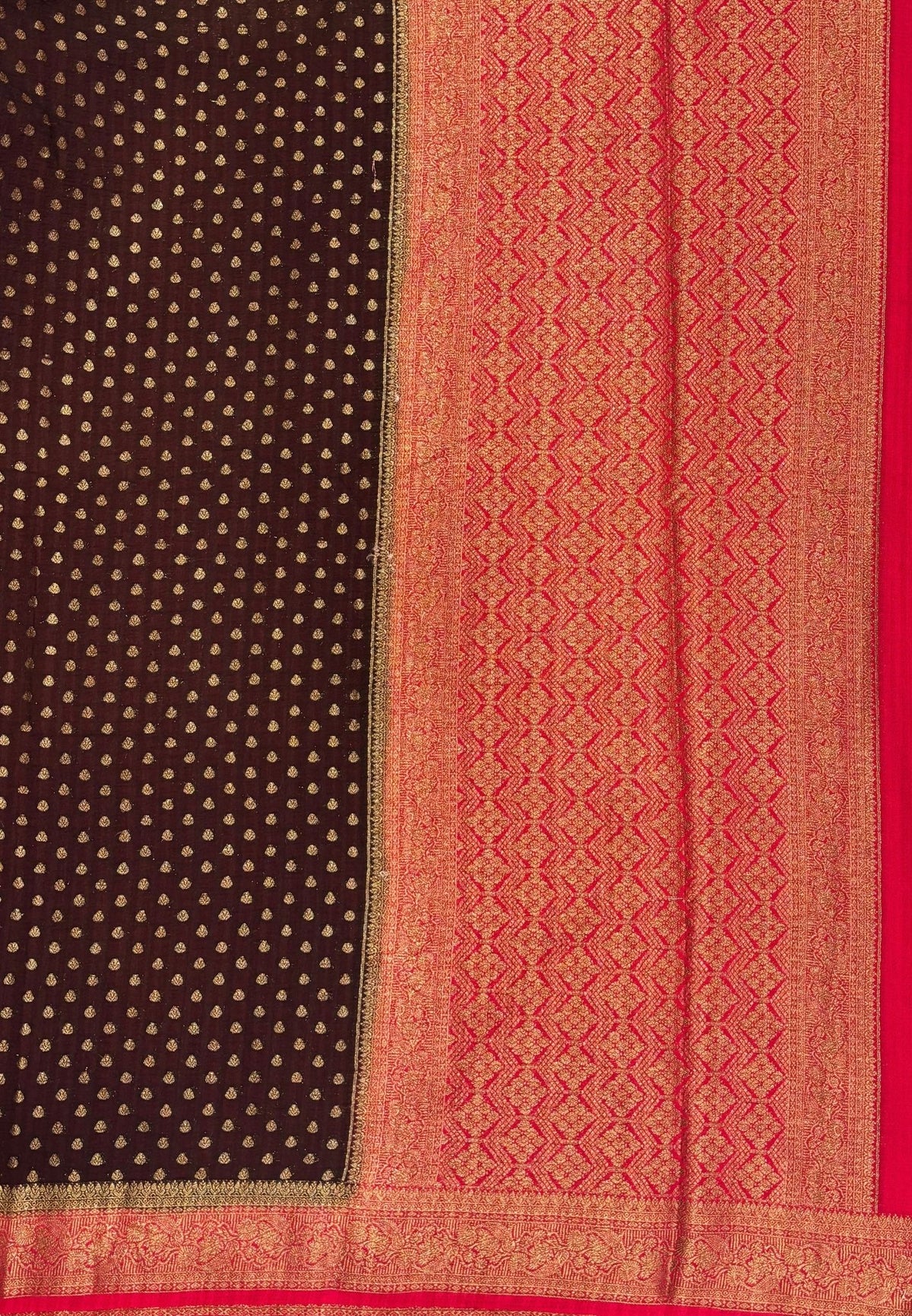 Banarasi Georgette Saree- Coffee Brown with Leaf Butta and Contrast Border