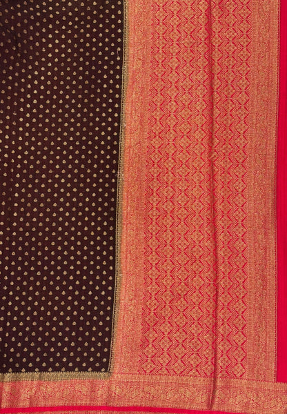 Banarasi Georgette Saree- Coffee Brown with Leaf Butta and Contrast Border
