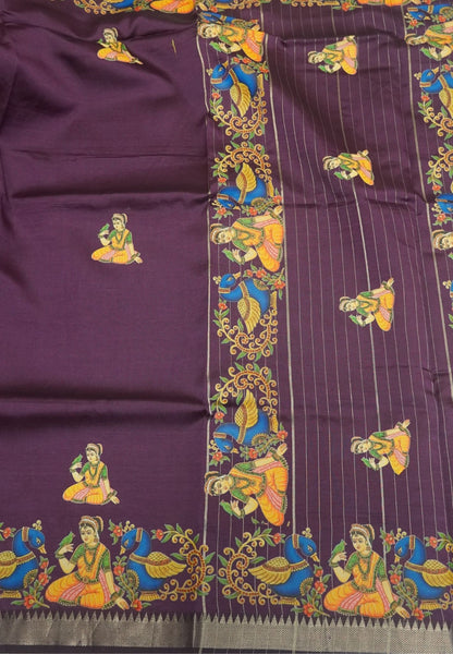 Pure Mangalgiri Silk Saree-Dark Purple with Tanjore Print