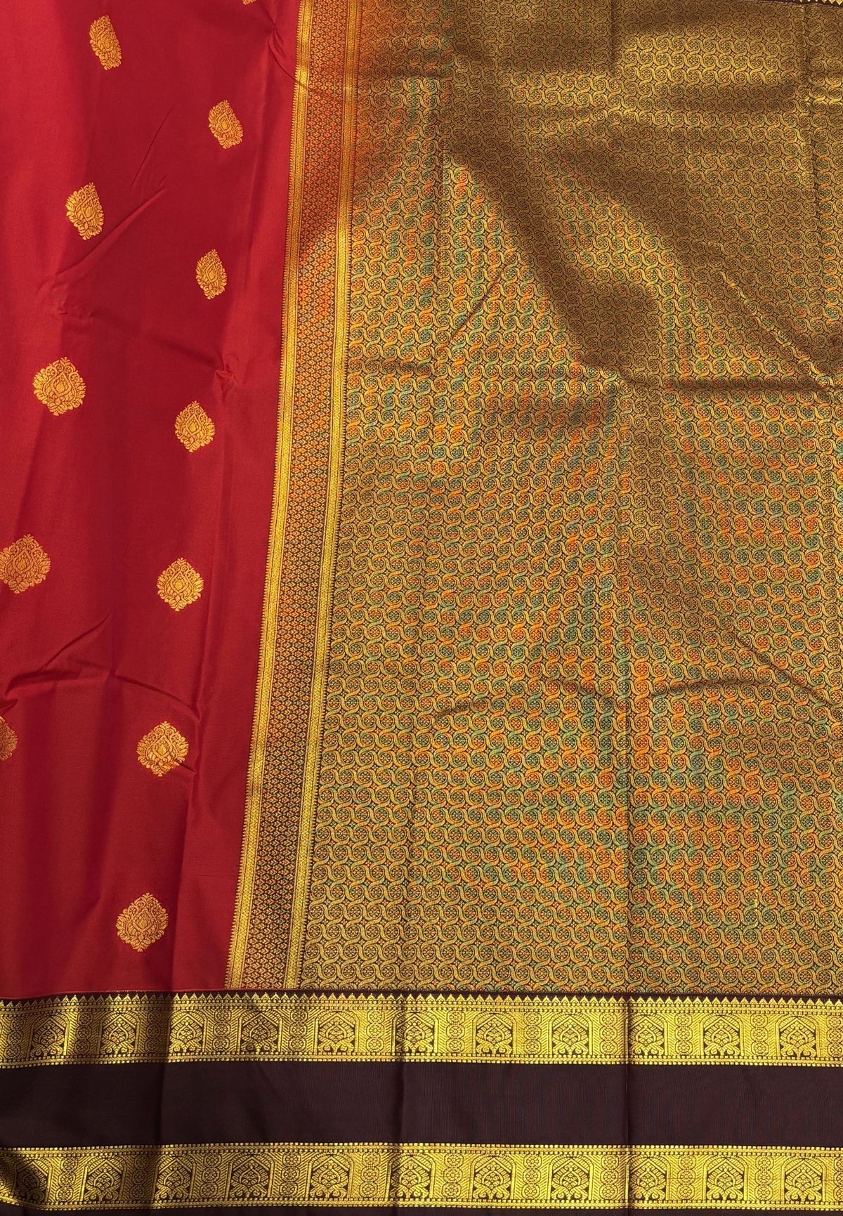 Budget Kanchipuram Saree-Brick Red with Contrast Border
