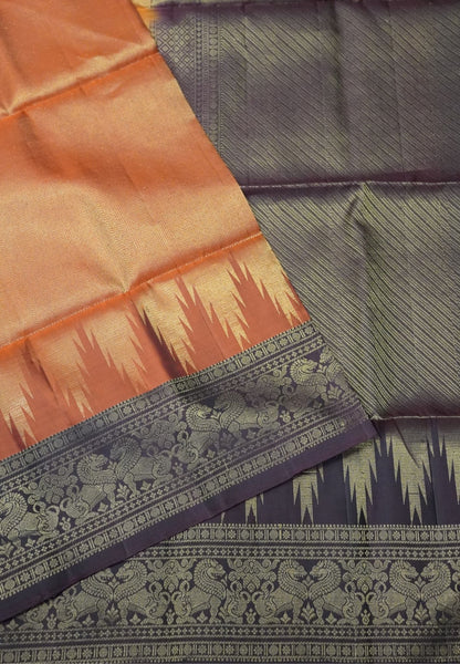 Pure Soft Silk Saree-Orange Brocade Weaving with Temple Border