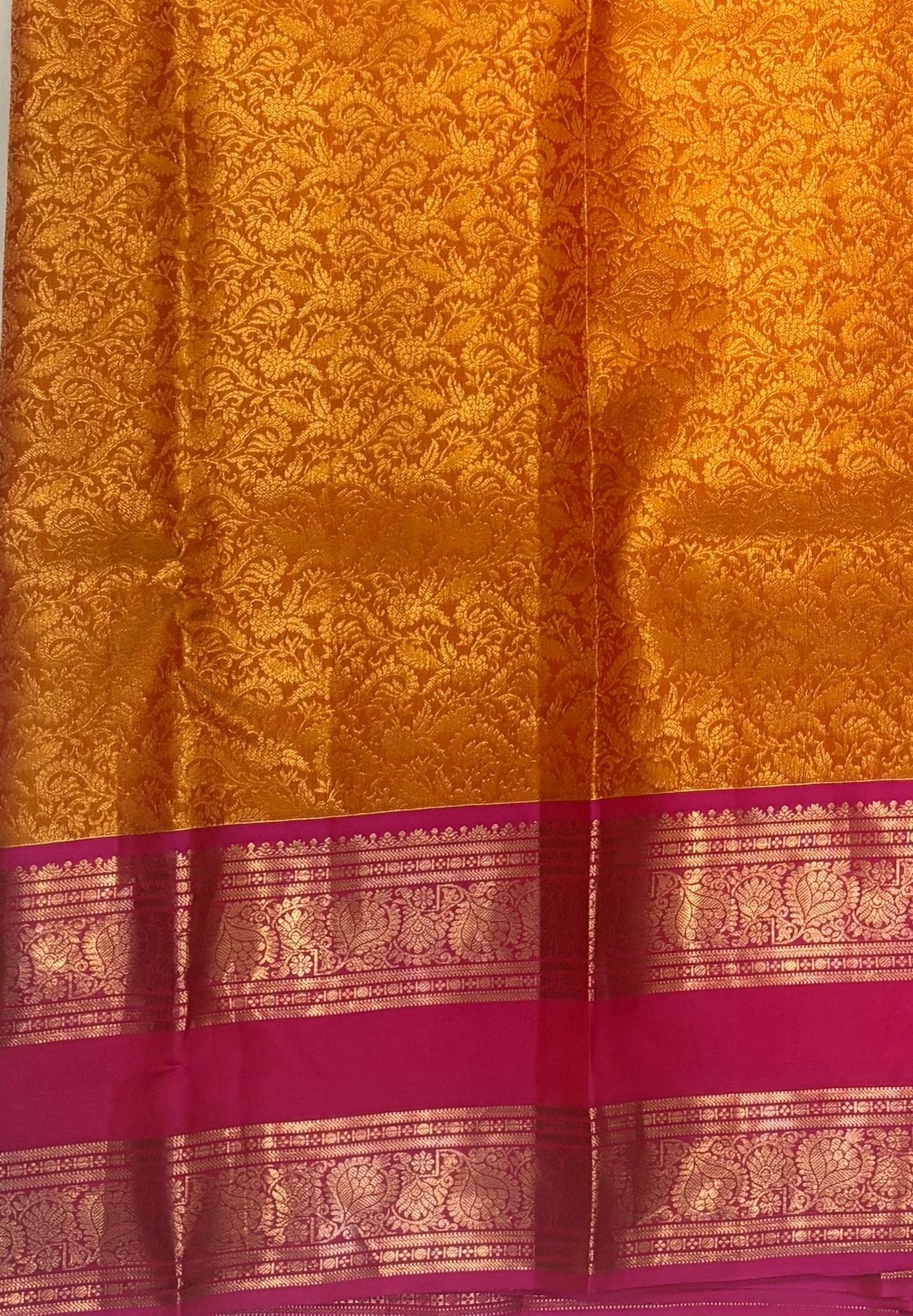 Pure Kanchipuram Silk Saree-Traditional Yelowish Orange with Contrast Border