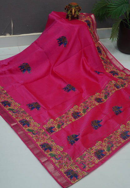 Pure Mangalgiri Silk Saree-Mittai Pink with Tanjore Print