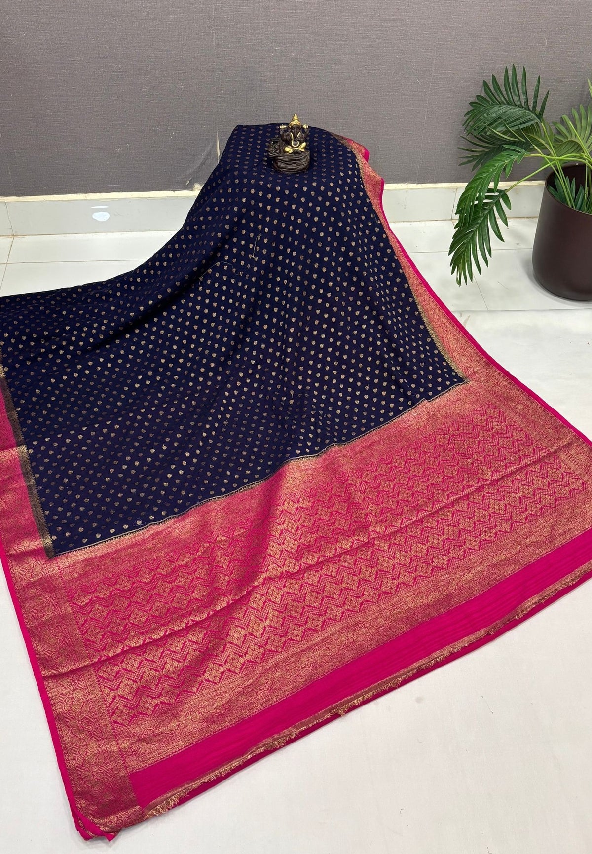 Banarasi Georgette Saree-Navy Blue with Leaf Butta and Contrast Border