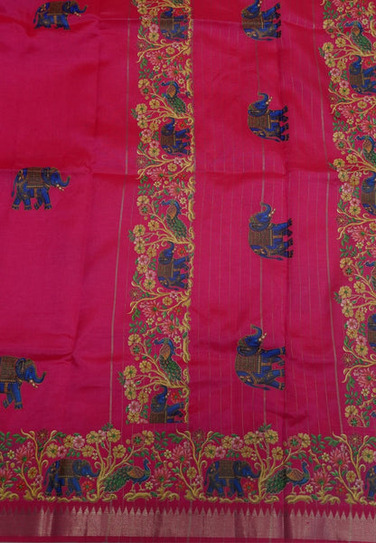 Pure Mangalgiri Silk Saree-Mittai Pink with Tanjore Print