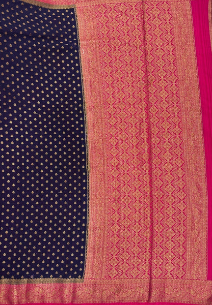 Banarasi Georgette Saree-Navy Blue with Leaf Butta and Contrast Border