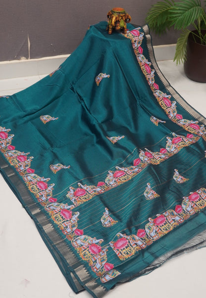 Pure Mangalgiri Silk Saree-Peacock Green with Tanjore Print