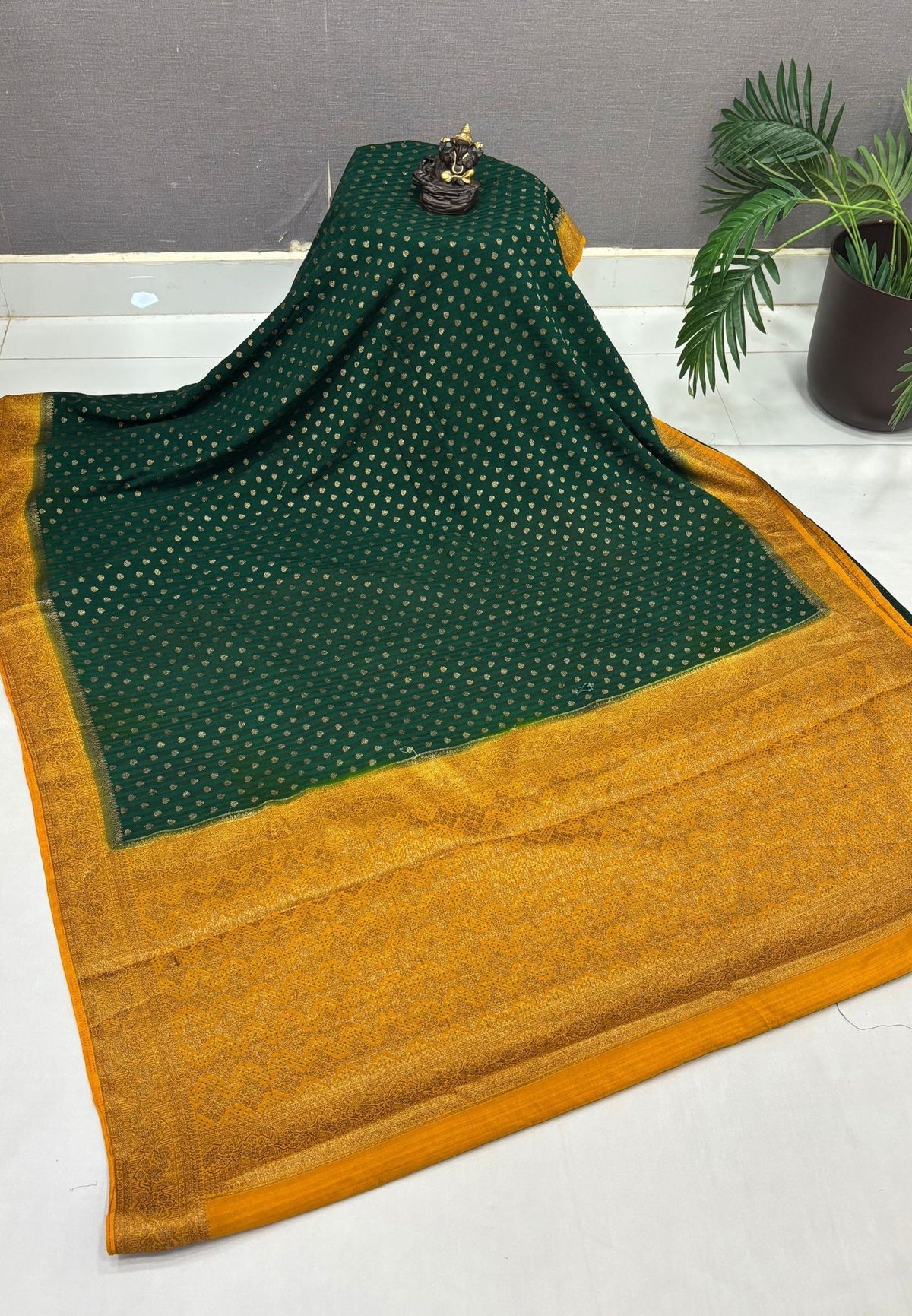 Banarasi Georgette Saree-Bottle Green with Leaf Butta and Contrast Border