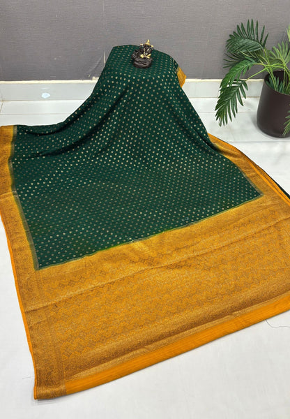 Banarasi Georgette Saree-Bottle Green with Leaf Butta and Contrast Border
