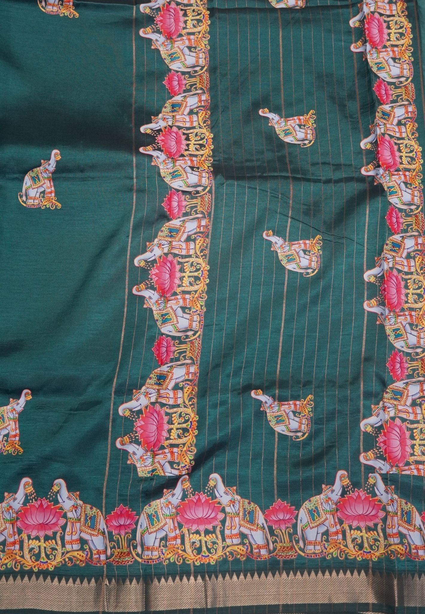 Pure Mangalgiri Silk Saree-Peacock Green with Tanjore Print