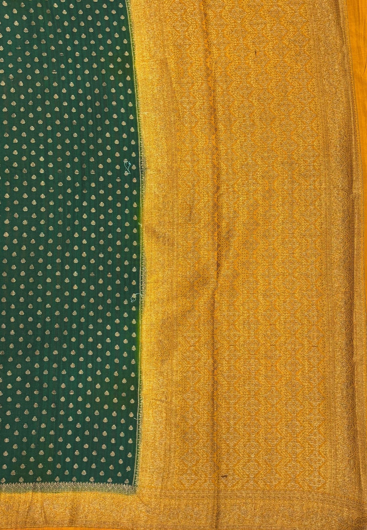 Banarasi Georgette Saree-Bottle Green with Leaf Butta and Contrast Border