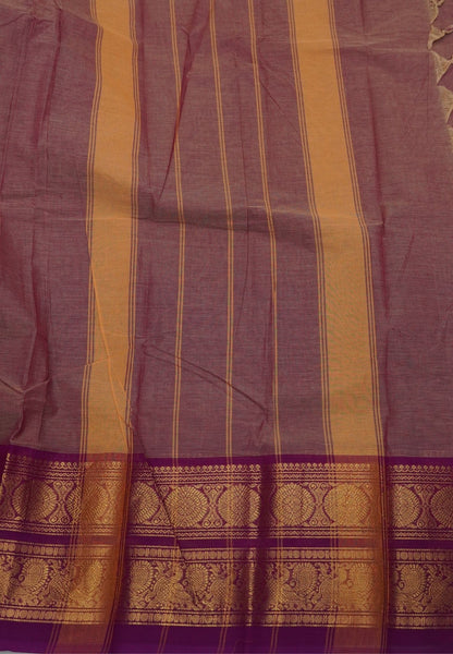 Chettinadu Cotton Saree-Bronze Pink with Contrast Peacock Zari Border