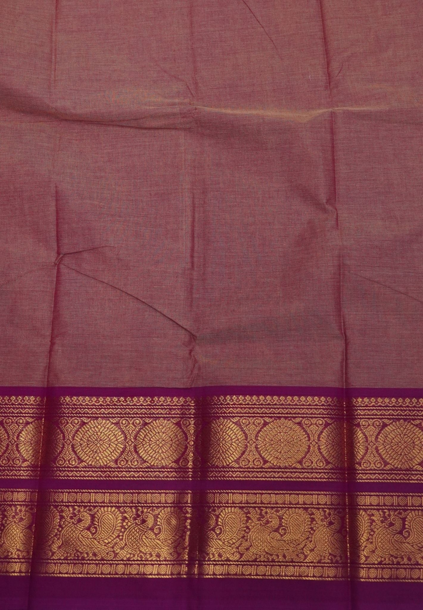 Chettinadu Cotton Saree-Bronze Pink with Contrast Peacock Zari Border