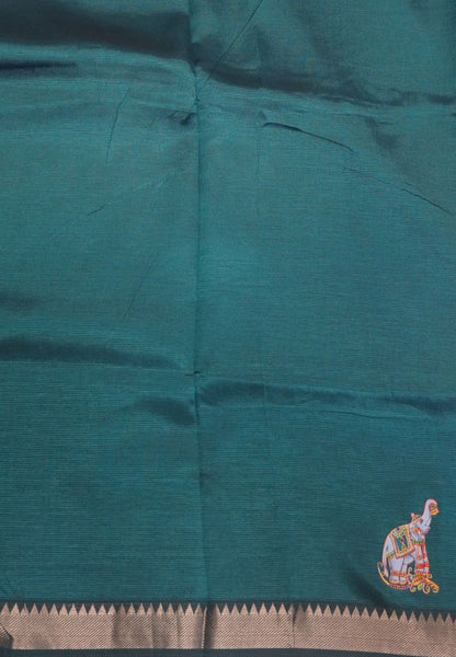Pure Mangalgiri Silk Saree-Peacock Green with Tanjore Print
