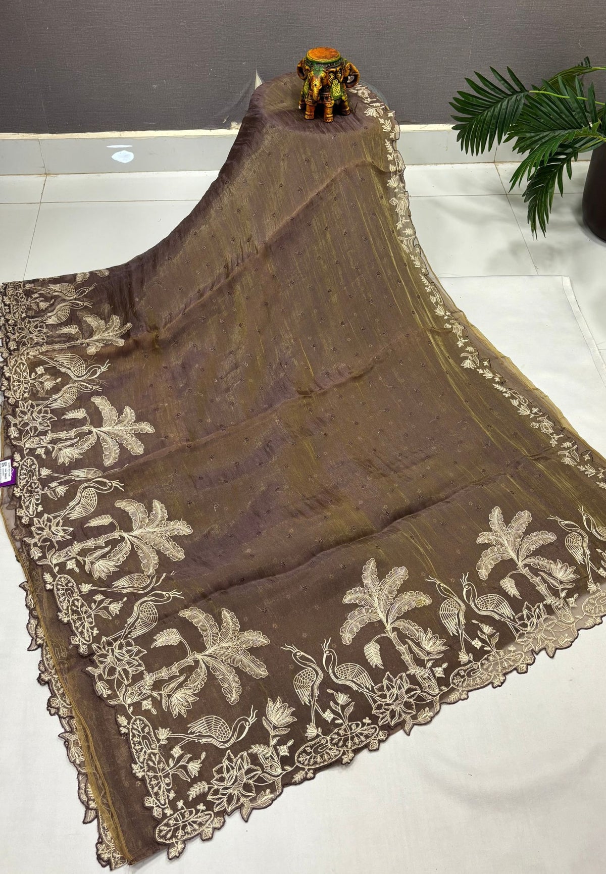 Tissue Organza Saree-Brown In Tropical Garden Border