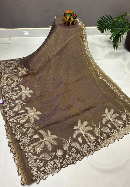 Tissue Organza Saree-Brown In Tropical Garden Border