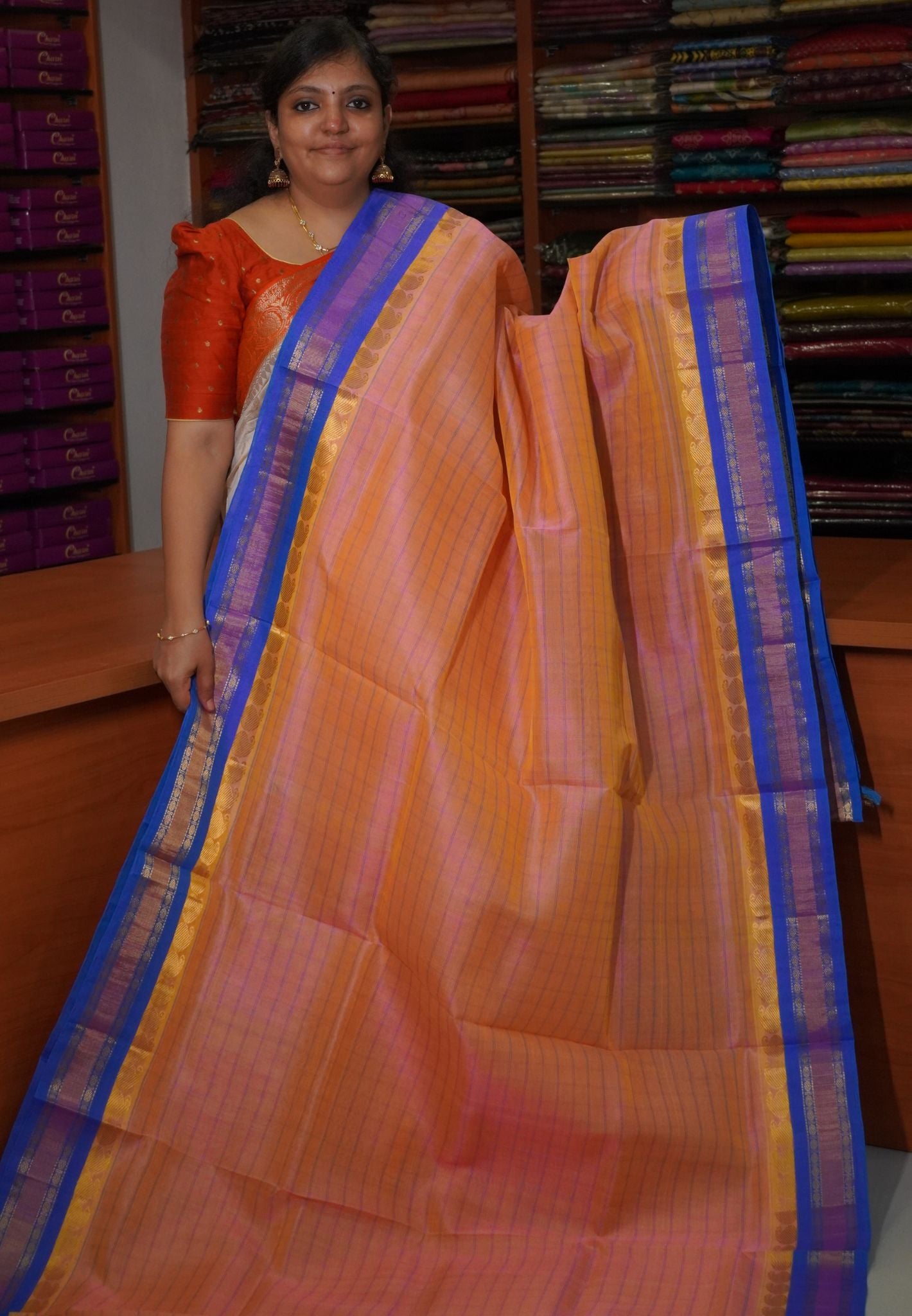 Silk Cotton Saree-Yellowish Peach Self Checks with Contrast Border