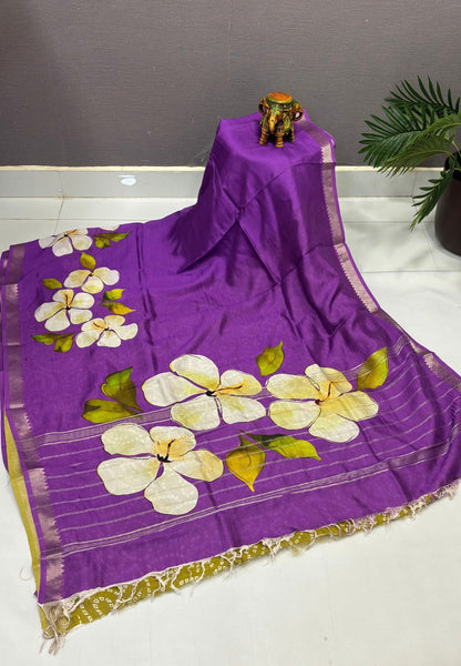 Pure Mangalgiri Silk Saree-Purple in Floral Print with Small Border