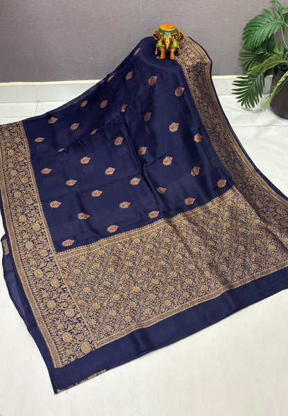 Banarasi Tussar Saree-Navy Blue in Floral Brocade Zari Border