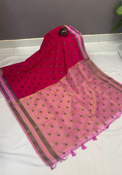 Soft Jute Saree-Rani Pink-Pink With Rettapet Border