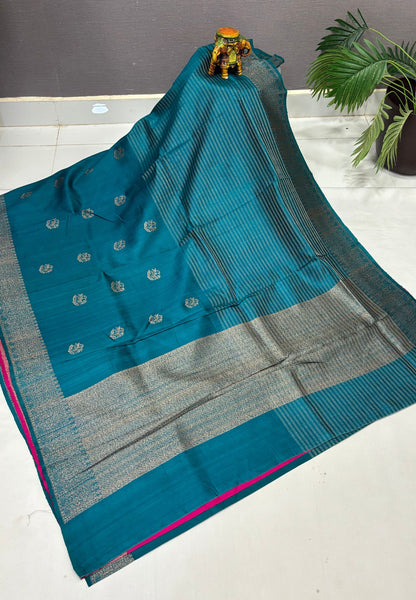 Pure Handloom Tussar Saree-Peacock Green in Intricate Floral Zari Border