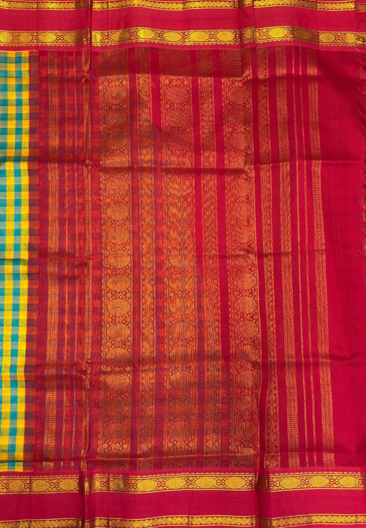 Pure Silk Cotton Saree–Ramar Green in Checked Zari with Contrast Border