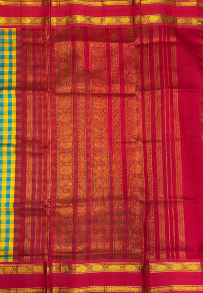 Pure Silk Cotton Saree–Ramar Green in Checked Zari with Contrast Border