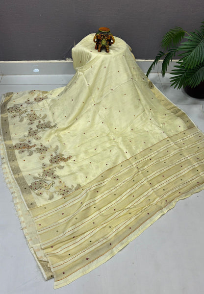 Viscose Saree-White In Peacock Motif Border