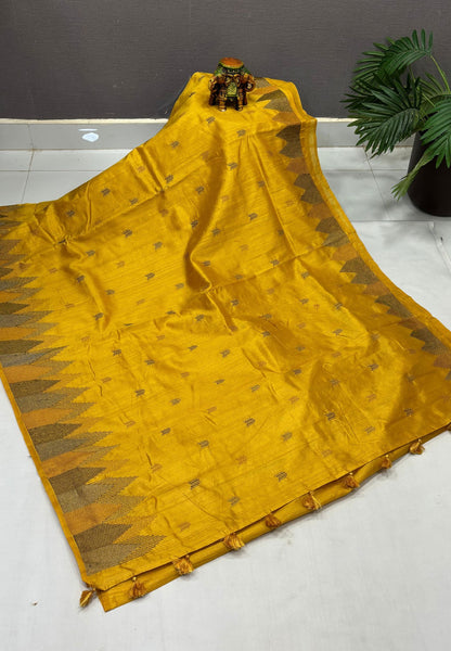 Tussar Saree-Mustard In Twin Tower Border
