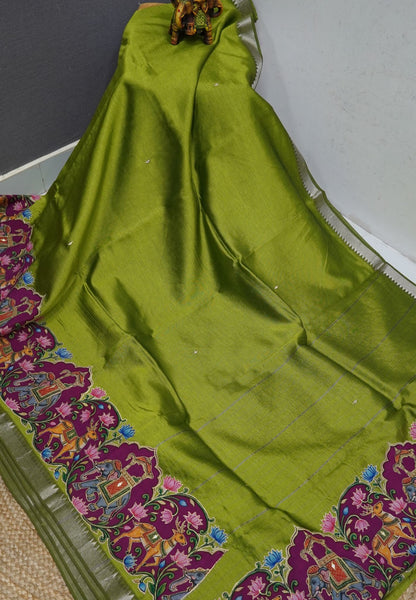 Pure Mangalgiri Silk Saree-Light Green with Appliqué Work