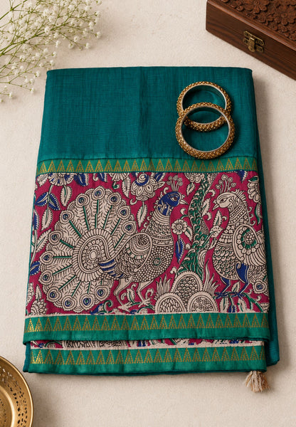 Kalamkari Silk Saree -Peacock Green