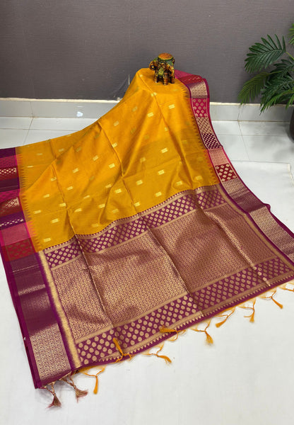 Raw Silk Saree-Mustard In Brocade Floral Panel Border