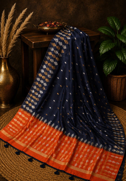 Semi  Tussar Saree - Navy Blue