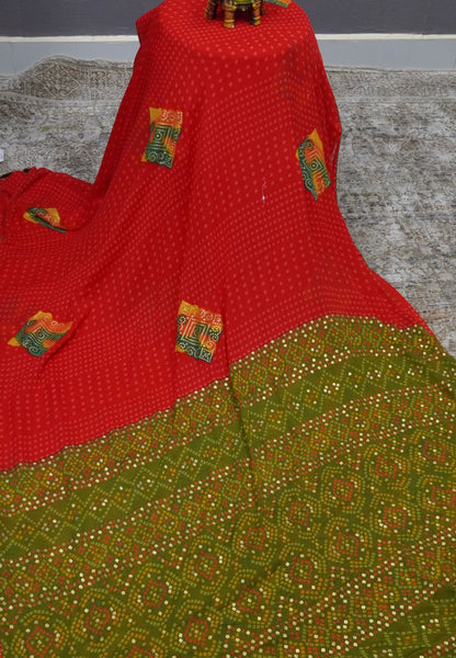 Chiffon Saree-Red in Diamond Bandhini Pattern