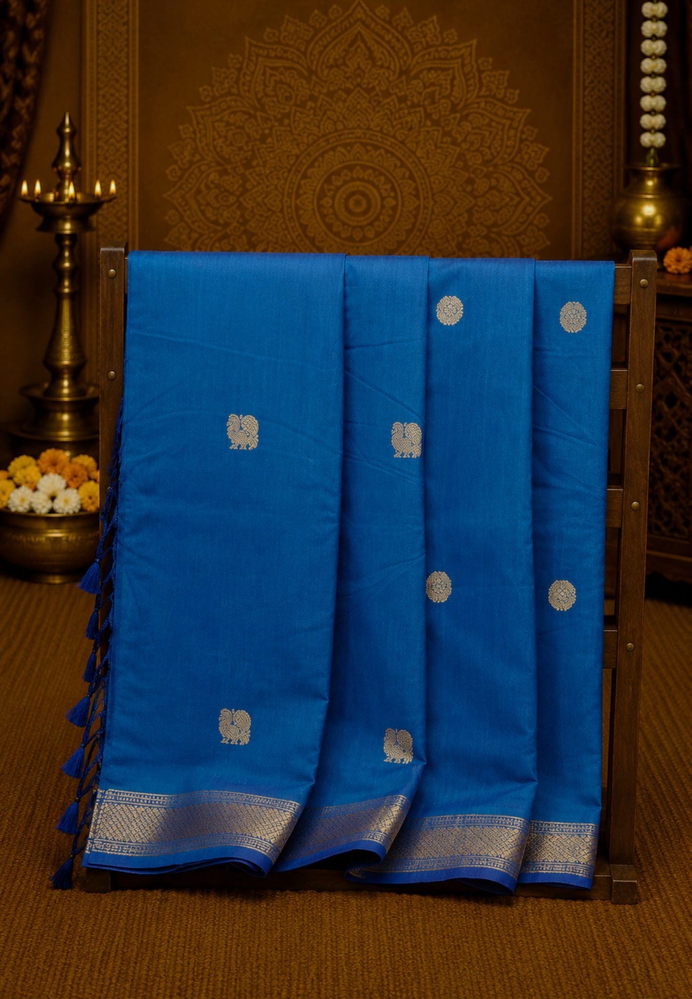 Chettinad Cotton Saree-Electric Blue With Diamond Jaal Zari Border