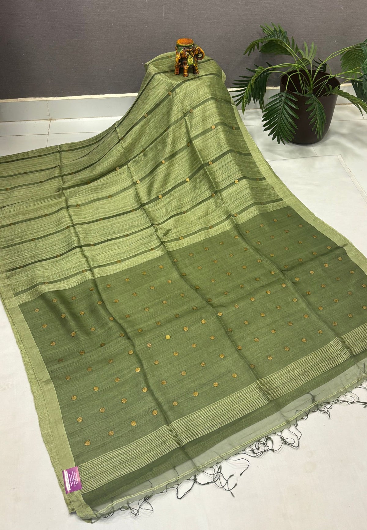 Pure Moonga Cotton Saree-Olive Green in Coin Butta with Striped Border