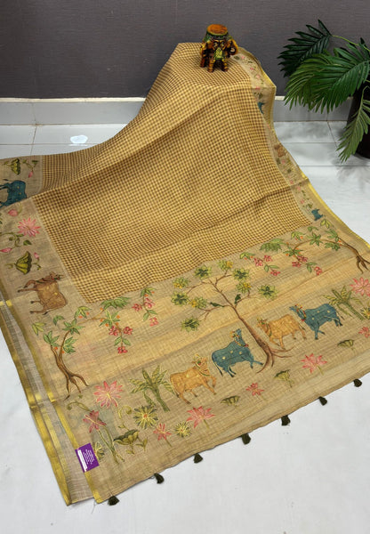 Tissue Linen Saree-Khaki in Pichwai Art Printed Border