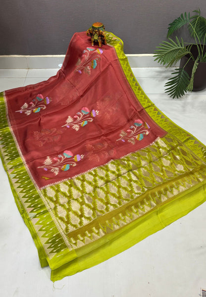 Silk Kota Saree-Dusky Peach in Traditional Ikat-Inspired Zari Border